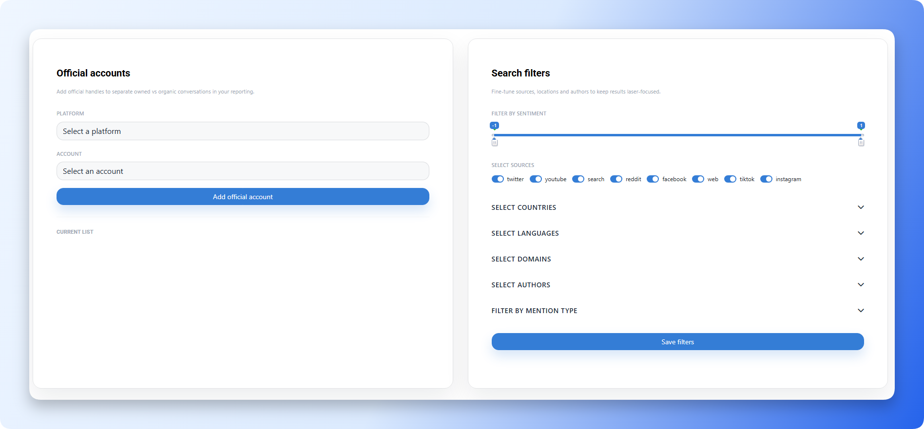 Search settings showing official accounts and search filter controls