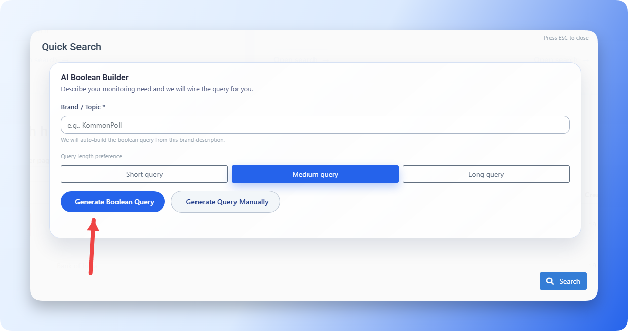 AI Boolean builder with the Generate Boolean Query button
